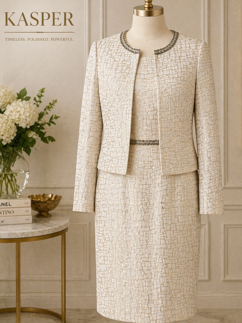 Kasper Cream Skirt Suit with Metallic Gold Accents